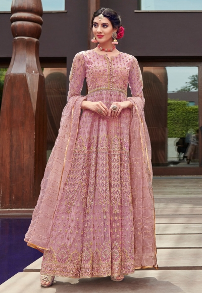 Pink net embroidered ankle length anarkali suit  1643